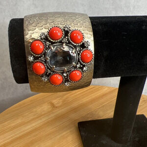 Vintage Gerard Yosca Statement Cuff Bracelet Jeweled Flower Hammered Brass
